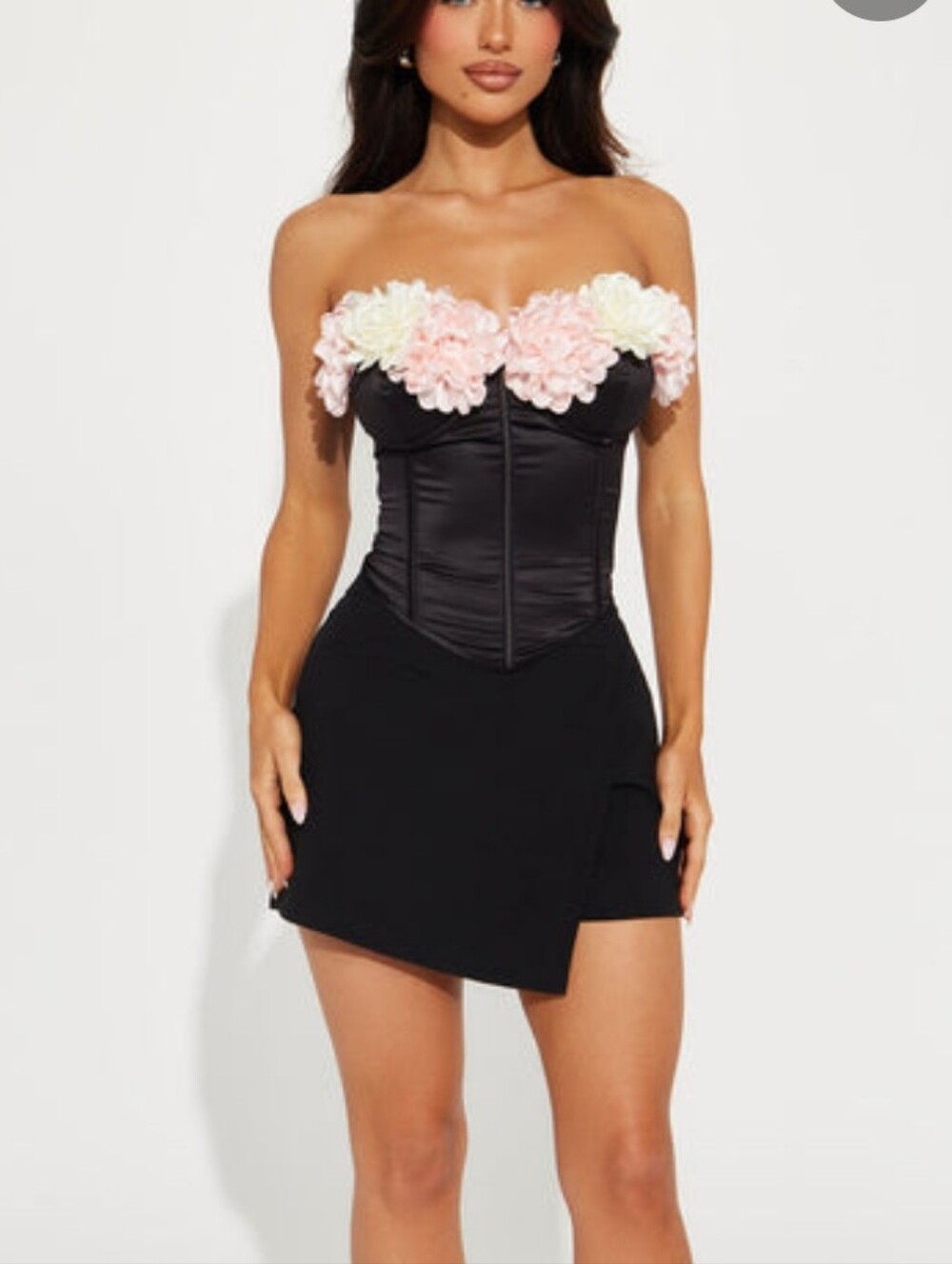 Fashion Nova Black Strapless Floral Appliqué Bustier with Pink & Cream Flowers